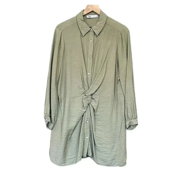 ZARA Knotted Lightweight Green Tunic Top Dress Size Medium - Picture 3 of 8
